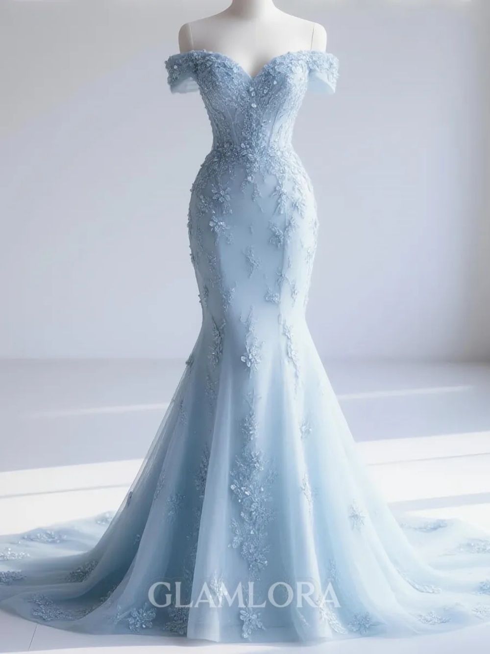NWT Mermaid Off-The-Shoulder Lace Corset Prom Dress - Light Blue